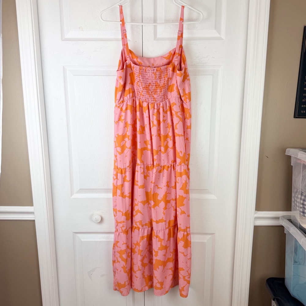 Social Standard by Sanctuary Pink Orange Floral Midi Dress L Smocked Back - Picture 5 of 11